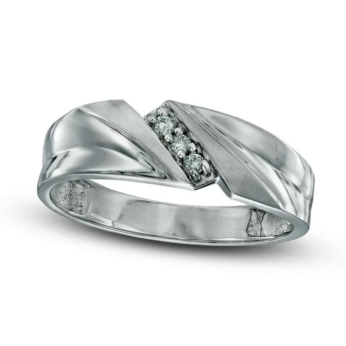 Goldia Rings Mens Natural Diamond Accent Three Stone Slant Wedding Band in Solid 10K White Gold