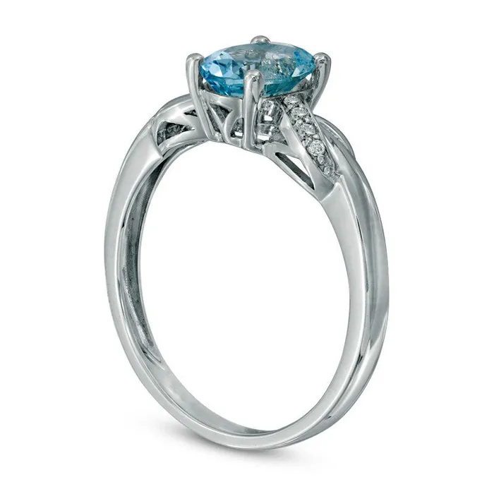 Goldia Rings Oval Aquamarine and Natural Diamond Accent Twist Ring in Solid 10K White Gold