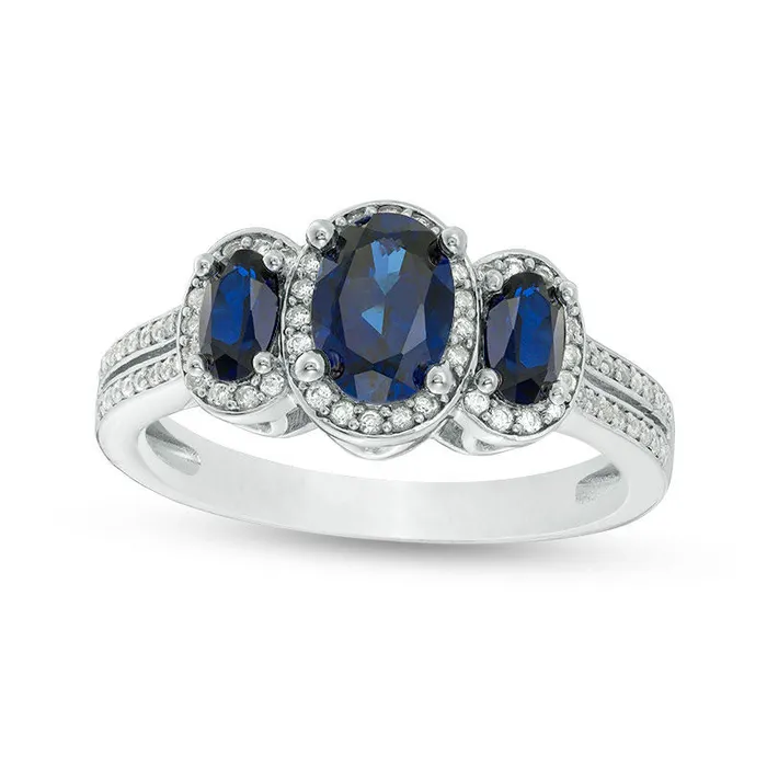Goldia Rings Oval Blue Sapphire and 025 CT TW Natural Diamond Three Stone Frame Ring in Solid 10K White Gold