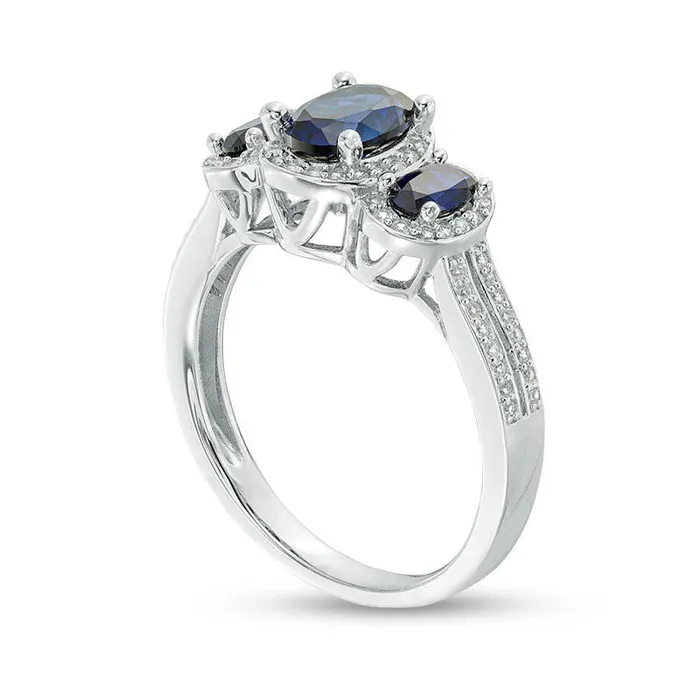 Goldia Rings Oval Blue Sapphire and 025 CT TW Natural Diamond Three Stone Frame Ring in Solid 10K White Gold
