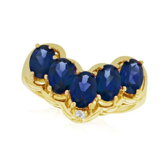 Goldia Rings Oval Blue Sapphire and Natural Diamond Accent Five Stone Chevron Ring in Solid 14K Gold