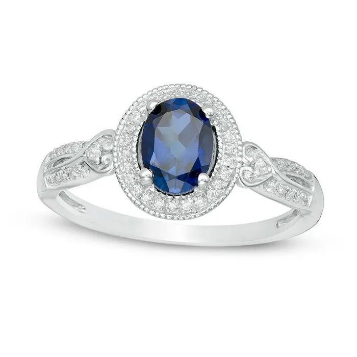 Goldia Rings Oval LabCreated Blue Sapphire and 013 CT TW Diamond Frame Antique VintageStyle Ring in Solid 10K White Gold