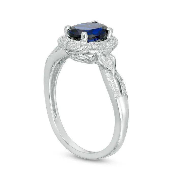 Goldia Rings Oval LabCreated Blue Sapphire and 013 CT TW Diamond Frame Antique VintageStyle Ring in Solid 10K White Gold