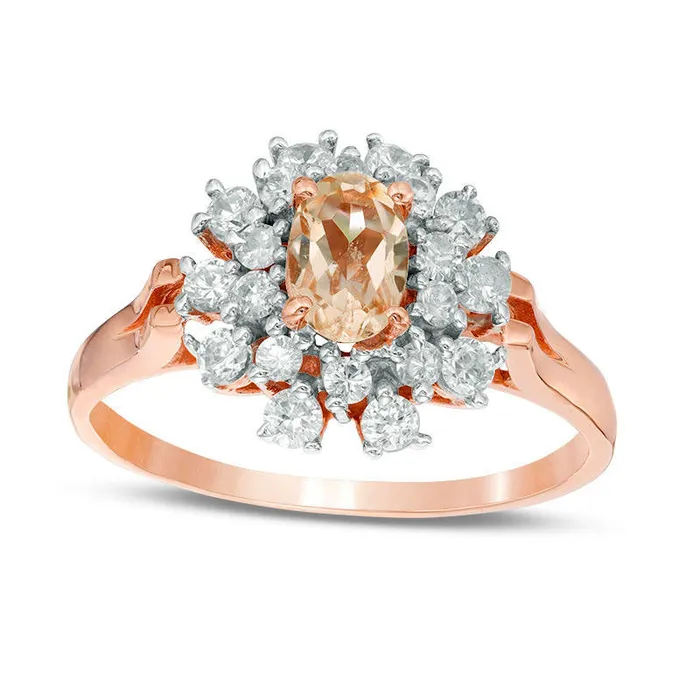 Goldia Rings Oval Morganite and White Sapphire Floral Frame Ring in Solid 10K Rose Gold