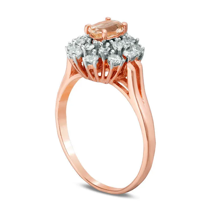 Goldia Rings Oval Morganite and White Sapphire Floral Frame Ring in Solid 10K Rose Gold