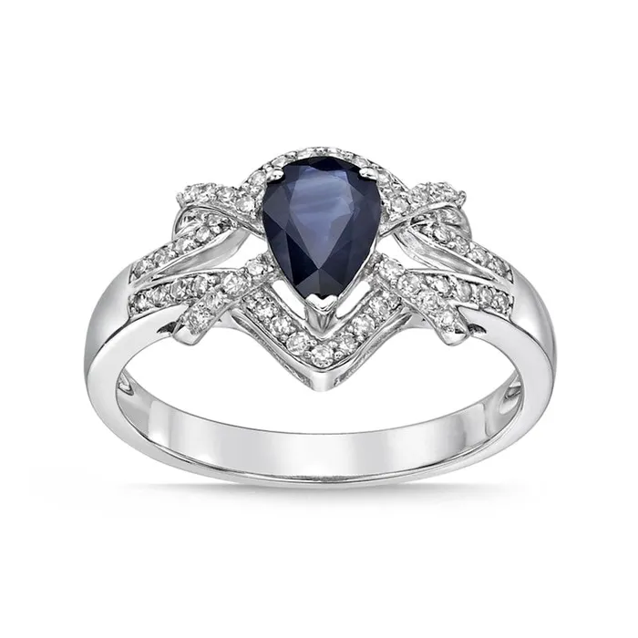 Goldia Rings PearShaped Blue Sapphire and 020 CT TW Natural Diamond Frame Buckle Split Shank Ring in Solid 10K White Gold