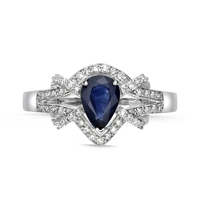 Goldia Rings PearShaped Blue Sapphire and 020 CT TW Natural Diamond Frame Buckle Split Shank Ring in Solid 10K White Gold