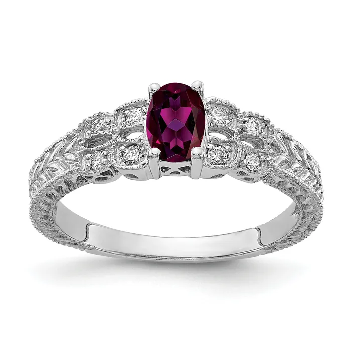 Goldia Rings Solid 14k White Gold 6x4mm Oval Rhodolite Simulated Garnet AA CZ Ring