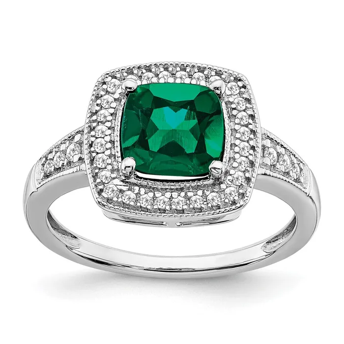 Goldia Rings Solid 14k White Gold Cushion Created Simulated Emerald and CZ Halo Ring
