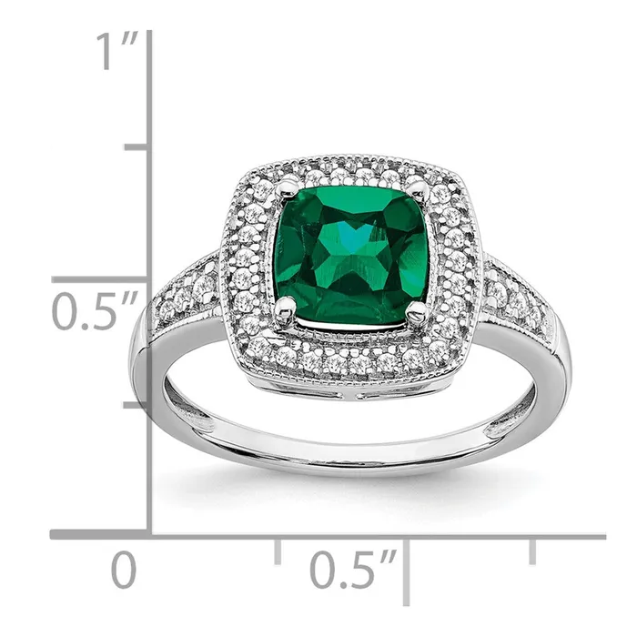 Goldia Rings Solid 14k White Gold Cushion Created Simulated Emerald and CZ Halo Ring