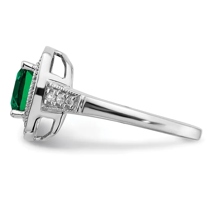 Goldia Rings Solid 14k White Gold Cushion Created Simulated Emerald and CZ Halo Ring
