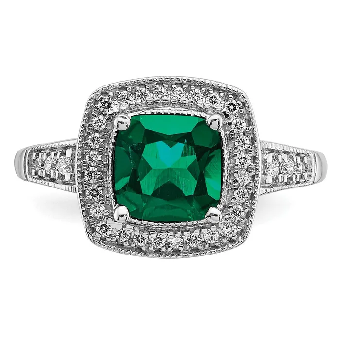 Goldia Rings Solid 14k White Gold Cushion Created Simulated Emerald and CZ Halo Ring