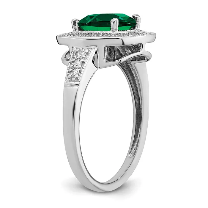 Goldia Rings Solid 14k White Gold Cushion Created Simulated Emerald and CZ Halo Ring