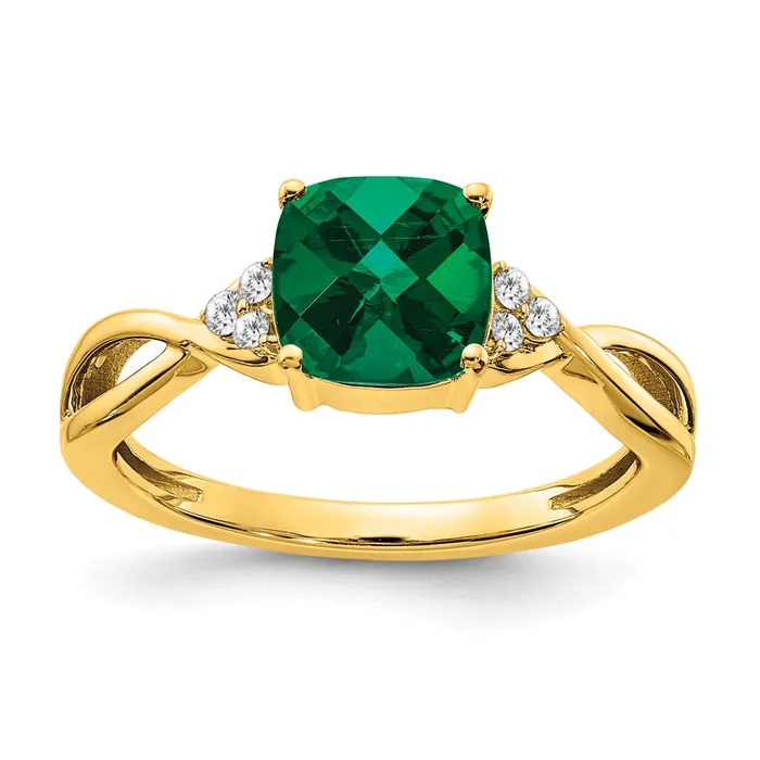 Goldia Rings Solid 14k Yellow Gold ChecKerboard Created Simulated Emerald and CZ Ring