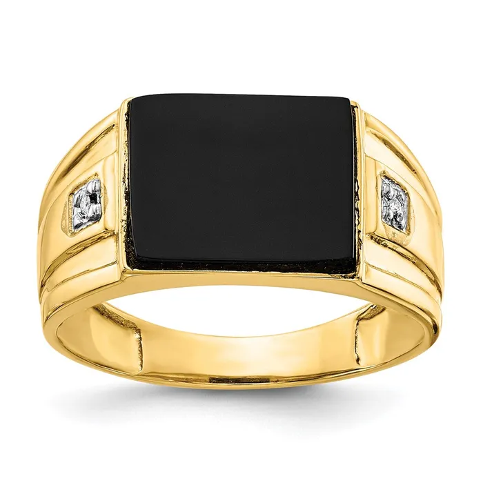 Goldia Rings Solid 14k Yellow Gold Mens Simulated Onyx and CZ Ring
