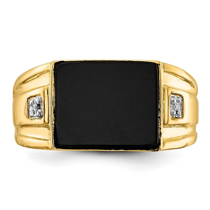 Goldia Rings Solid 14k Yellow Gold Mens Simulated Onyx and CZ Ring