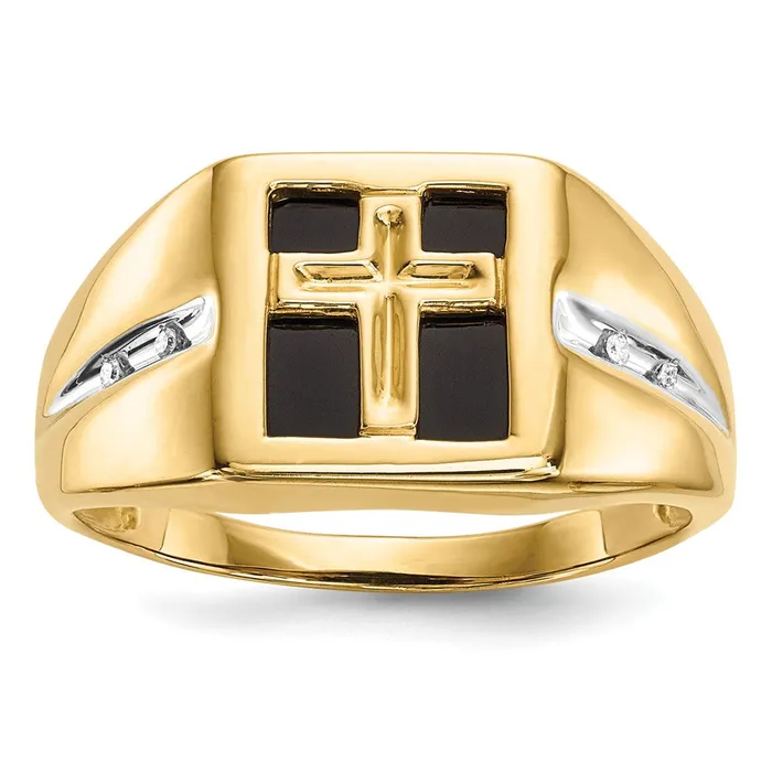 Goldia Rings Solid 14k Yellow Gold Simulated Onyx and CZ Cross Mens Ring