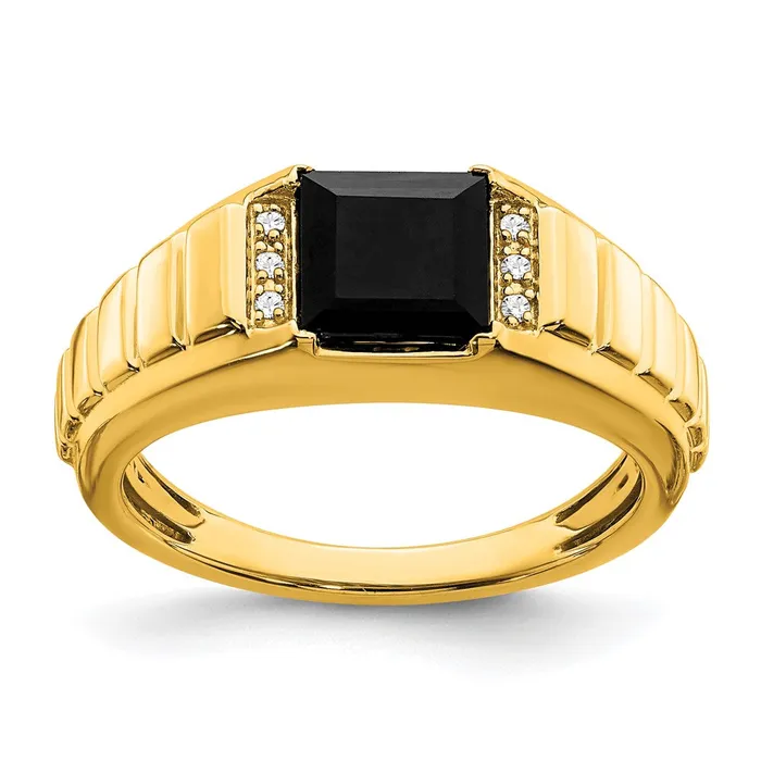 Goldia Rings Solid 14k Yellow Gold Square Simulated Onyx and CZ Mens Ring