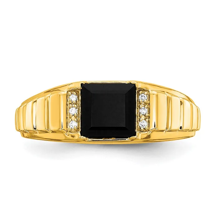 Goldia Rings Solid 14k Yellow Gold Square Simulated Onyx and CZ Mens Ring