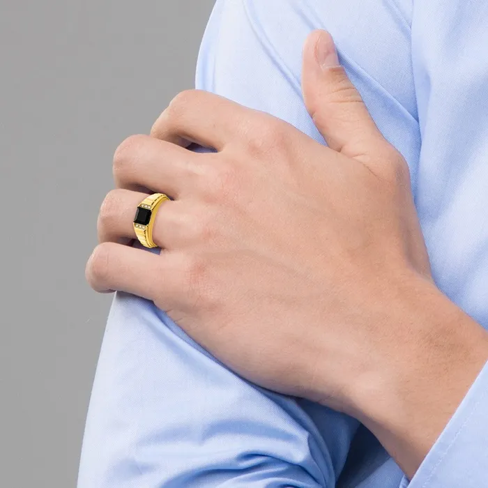 Goldia Rings Solid 14k Yellow Gold Square Simulated Onyx and CZ Mens Ring