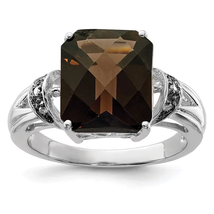 Goldia Rings Sterling Silver Rhodium CheckerCut Smoky Quartz u0026 Diamond Ring