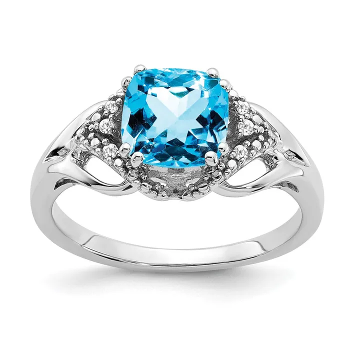 Goldia Solid 14k White Gold Simulated Blue Topaz and CZ Ring Rings