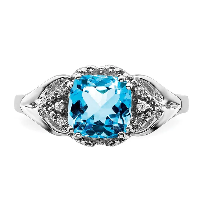 Goldia Solid 14k White Gold Simulated Blue Topaz and CZ Ring Rings