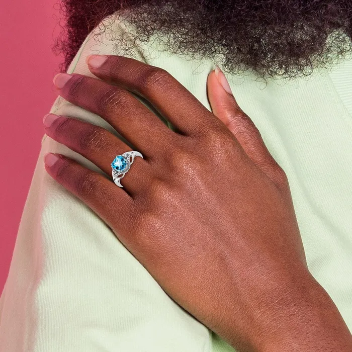 Goldia Solid 14k White Gold Simulated Blue Topaz and CZ Ring Rings