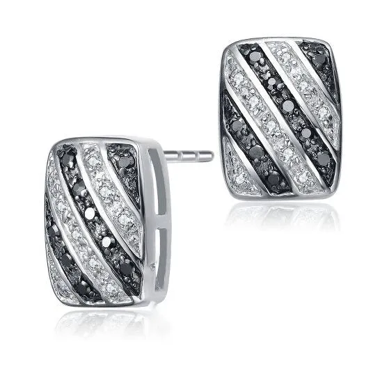 JMS always Earrings Original Megan Walford Sterling Silver Clear and Black Round Cubic Zirconia Stripe Rectangular Earrings