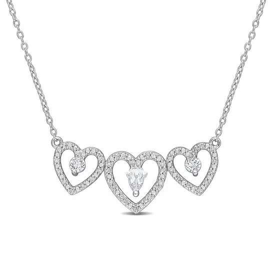 JMS always Necklaces Original AMOUR 12 CT TGW White Topaz and 15 CT TDW Diamond Triple Heart Necklace In Sterling Silver