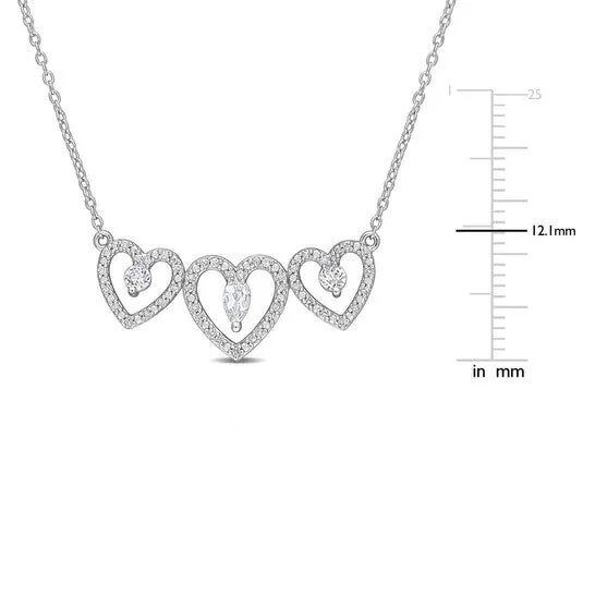JMS always Necklaces Original AMOUR 12 CT TGW White Topaz and 15 CT TDW Diamond Triple Heart Necklace In Sterling Silver