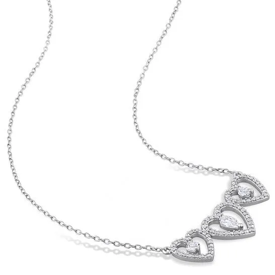 JMS always Necklaces Original AMOUR 12 CT TGW White Topaz and 15 CT TDW Diamond Triple Heart Necklace In Sterling Silver