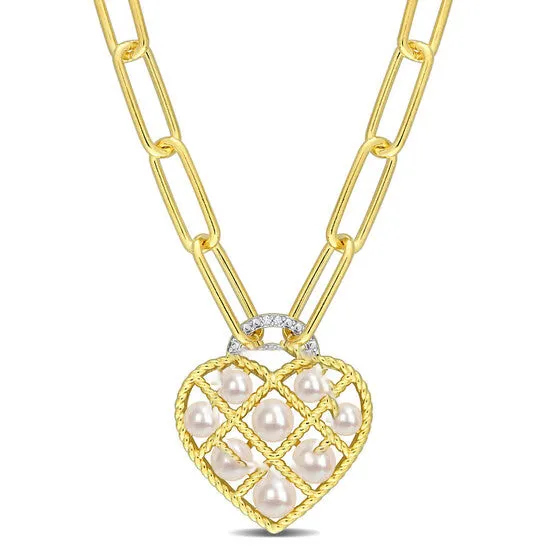 JMS always Necklaces Original AMOUR Freshwater Cultured Pearl Diamond Accent Heart Oval Link Chain Necklace In Yellow Plated Sterling Silver