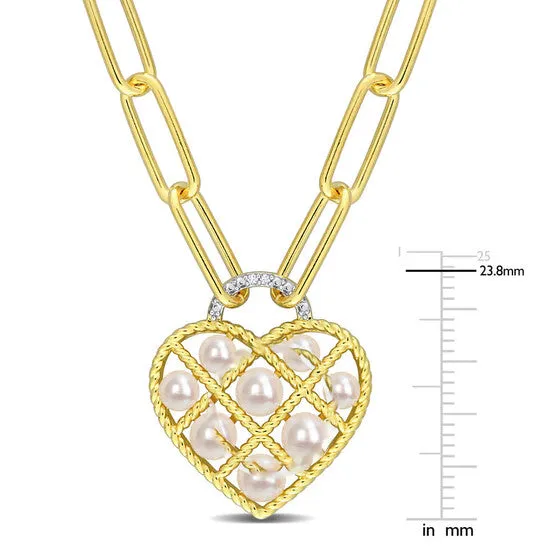 JMS always Necklaces Original AMOUR Freshwater Cultured Pearl Diamond Accent Heart Oval Link Chain Necklace In Yellow Plated Sterling Silver