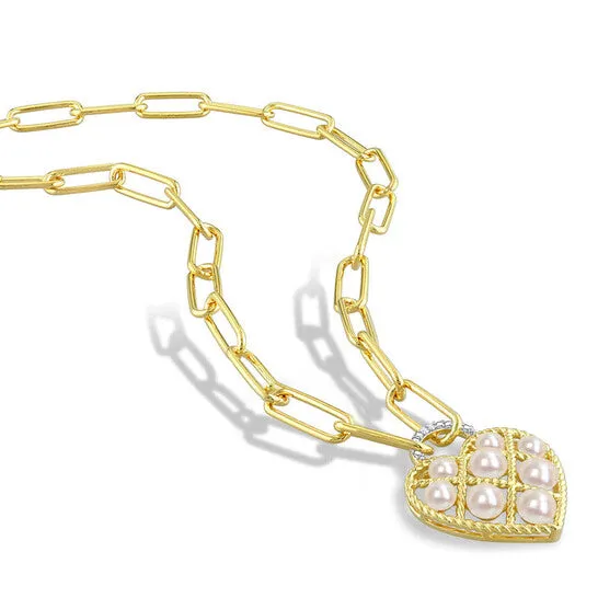 JMS always Necklaces Original AMOUR Freshwater Cultured Pearl Diamond Accent Heart Oval Link Chain Necklace In Yellow Plated Sterling Silver