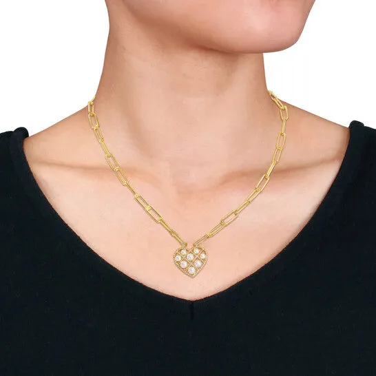 JMS always Necklaces Original AMOUR Freshwater Cultured Pearl Diamond Accent Heart Oval Link Chain Necklace In Yellow Plated Sterling Silver