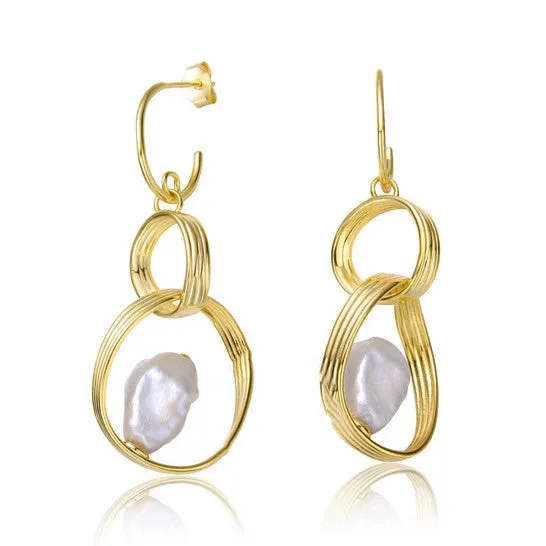 JMS always Original Megan Walford Sterling Silver 14k Yellow Gold Plated with Baroque White Pearl Double Drop HalfHoop Dangle Earrings Earrings