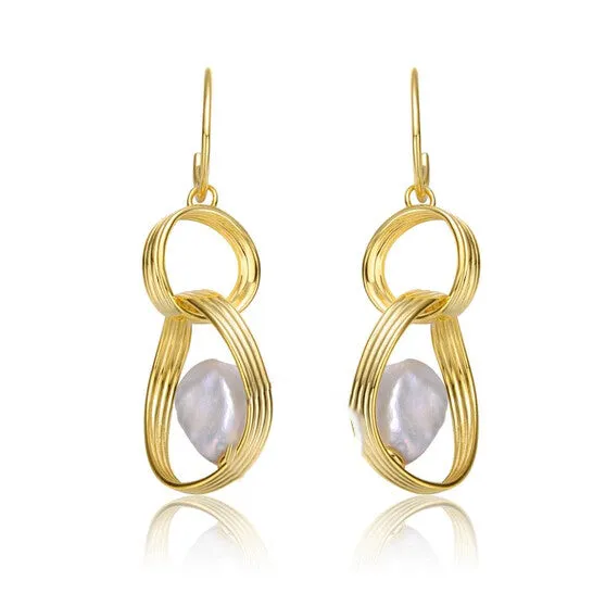 JMS always Original Megan Walford Sterling Silver 14k Yellow Gold Plated with Baroque White Pearl Double Drop HalfHoop Dangle Earrings Earrings