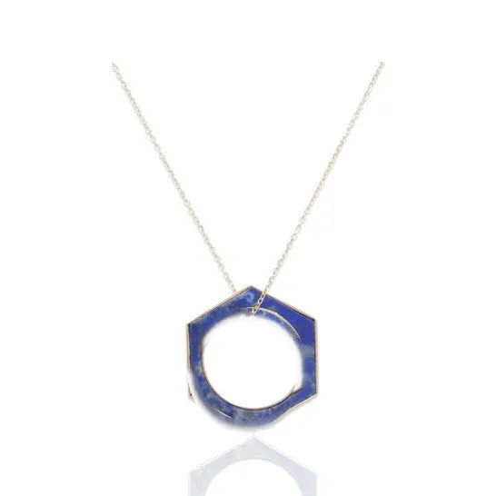 JMS always Rings Original Tresorra 18K Yellow Gold Hexagon Lapis RingNecklaceRing Size 575Length 16 inches