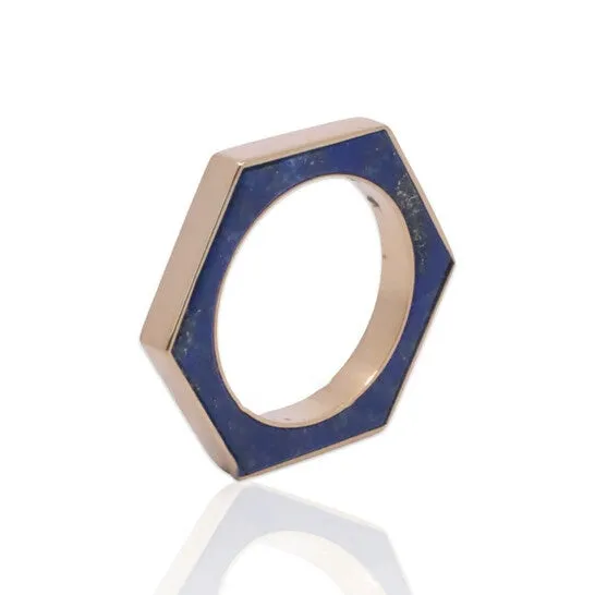 JMS always Rings Original Tresorra 18K Yellow Gold Hexagon Lapis RingNecklaceRing Size 575Length 16 inches