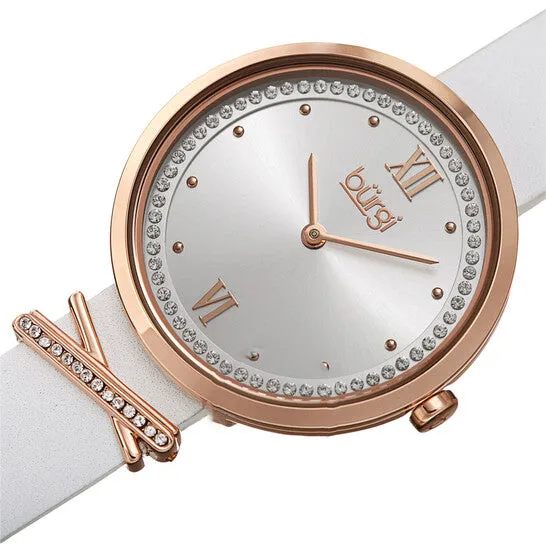 JMS always Watches Original Burgi Quartz Silver Dial White Leather Ladies Watch BUR264WT