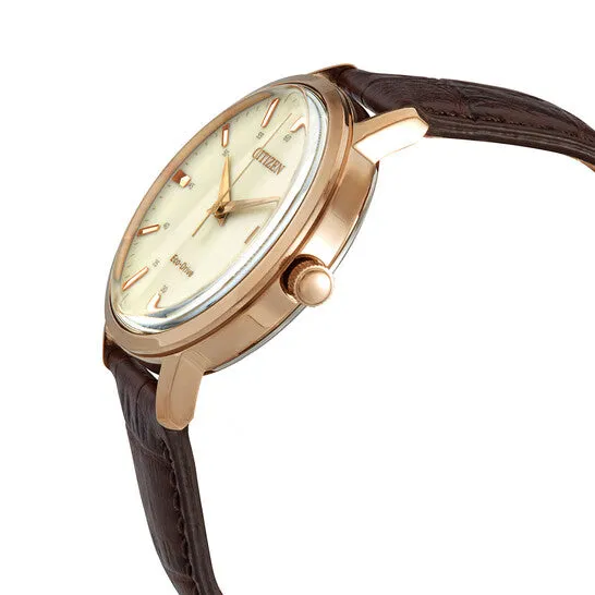 JMS always Watches Original Citizen EcoDrive Gold Dial Brown Leather Mens Watch BM746312A