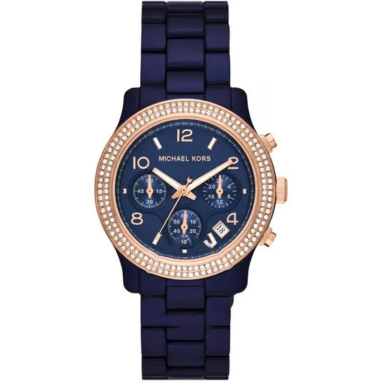 JMS always Watches Original Michael Kors Runway Chronograph Quartz Crystal Blue Dial Ladies Watch MK7423