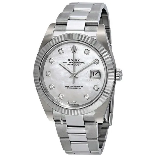 JMS always Watches Original Rolex Datejust 41 Automatic White Mother of Pearl Diamond Dial Mens Watch 126334MDO