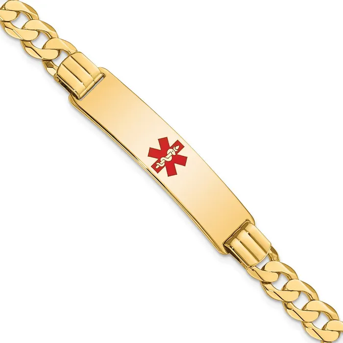 MDS Solid 14K Yellow Gold Medical Red Enamel Curb Link ID Bracelet Bracelets