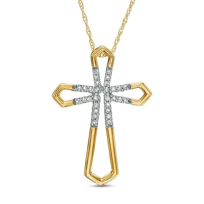 Necklaces 01 CT TW Natural Diamond Open Cross Pendant in 10K Yellow Gold Goldia