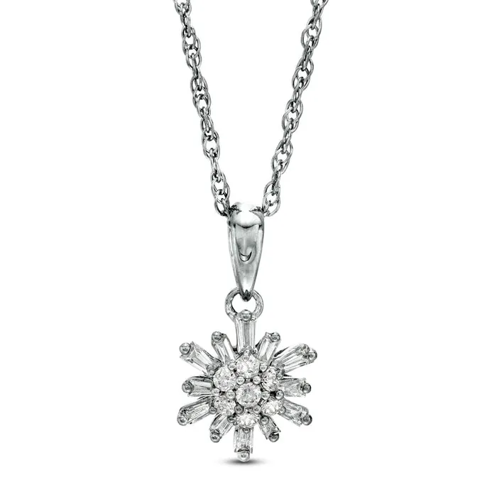 Necklaces 02 CT TW Baguette and Round Natural Diamond Sunburst Pendant in 10K White Gold Goldia