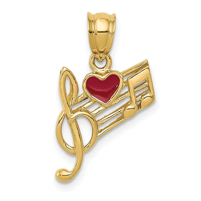 Necklaces 14k Yellow Gold Music Scale with Red Enameled Heart Pendant Goldia