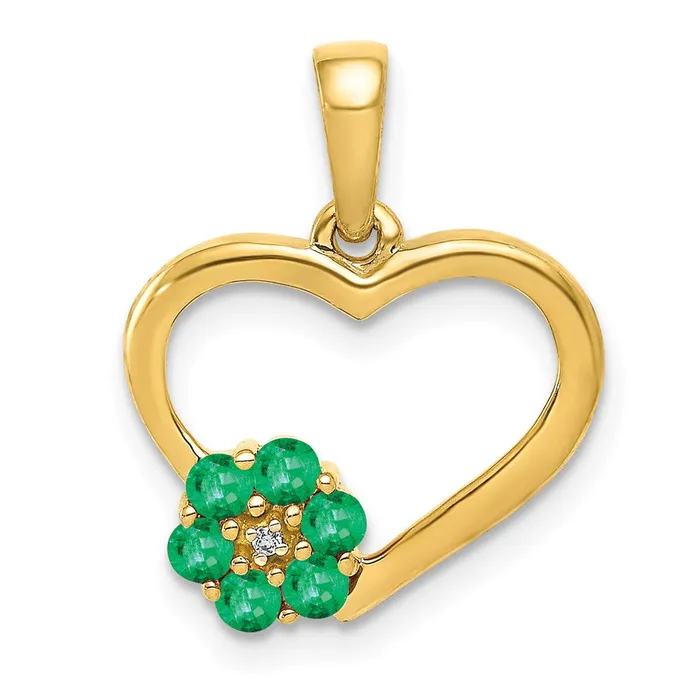Necklaces 14K Yellow Gold Real Diamond and Emerald Heart and Flower Pendant Goldia