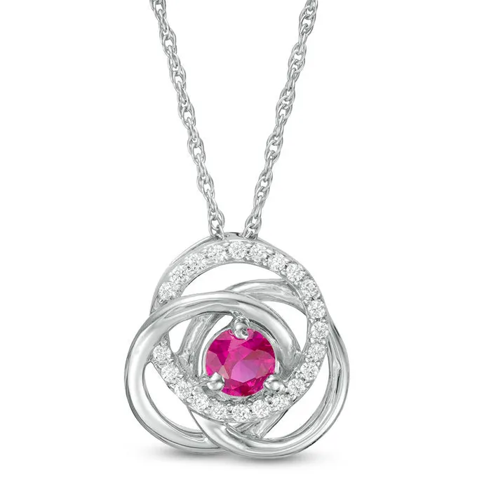 Necklaces 40mm LabCreated Ruby and 01 CT TW Diamond Love Knot Frame Pendant in Sterling Silver Goldia